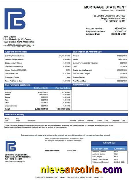 North Macedonia Development Bank of North Macedonia mortgage statement Word and PDF template